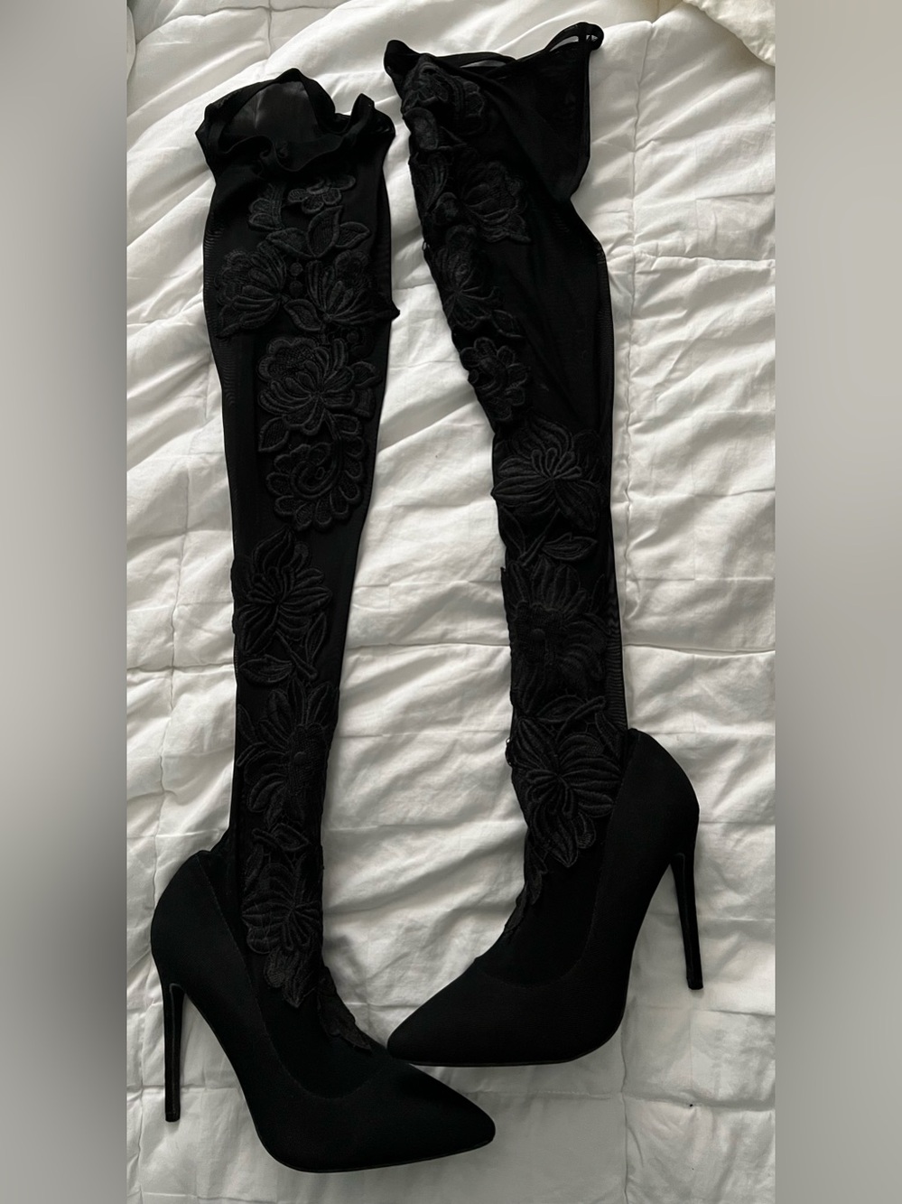Women's Black Over-the-Knee Floral Embroidered Stiletto Boots